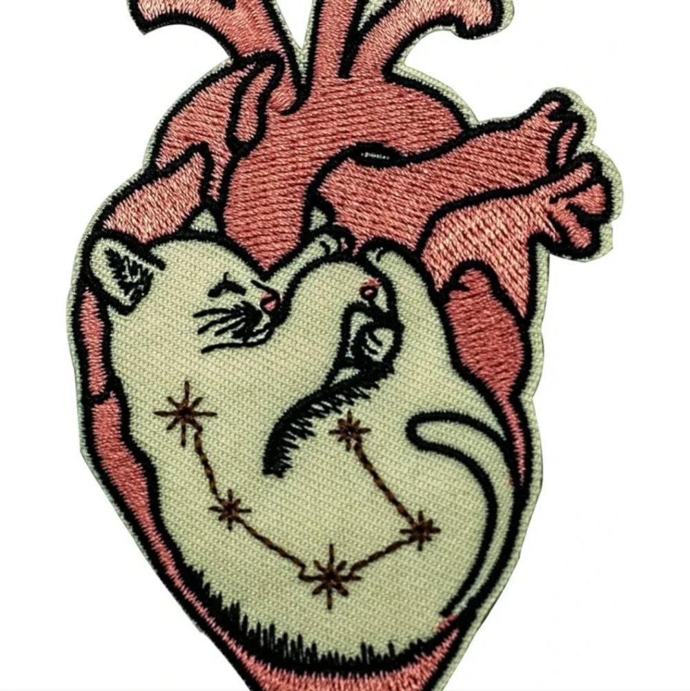 Iron On Patch, Heart with Cat Patch, Funny Cartoon Embroidered Badge Iron/Sew on